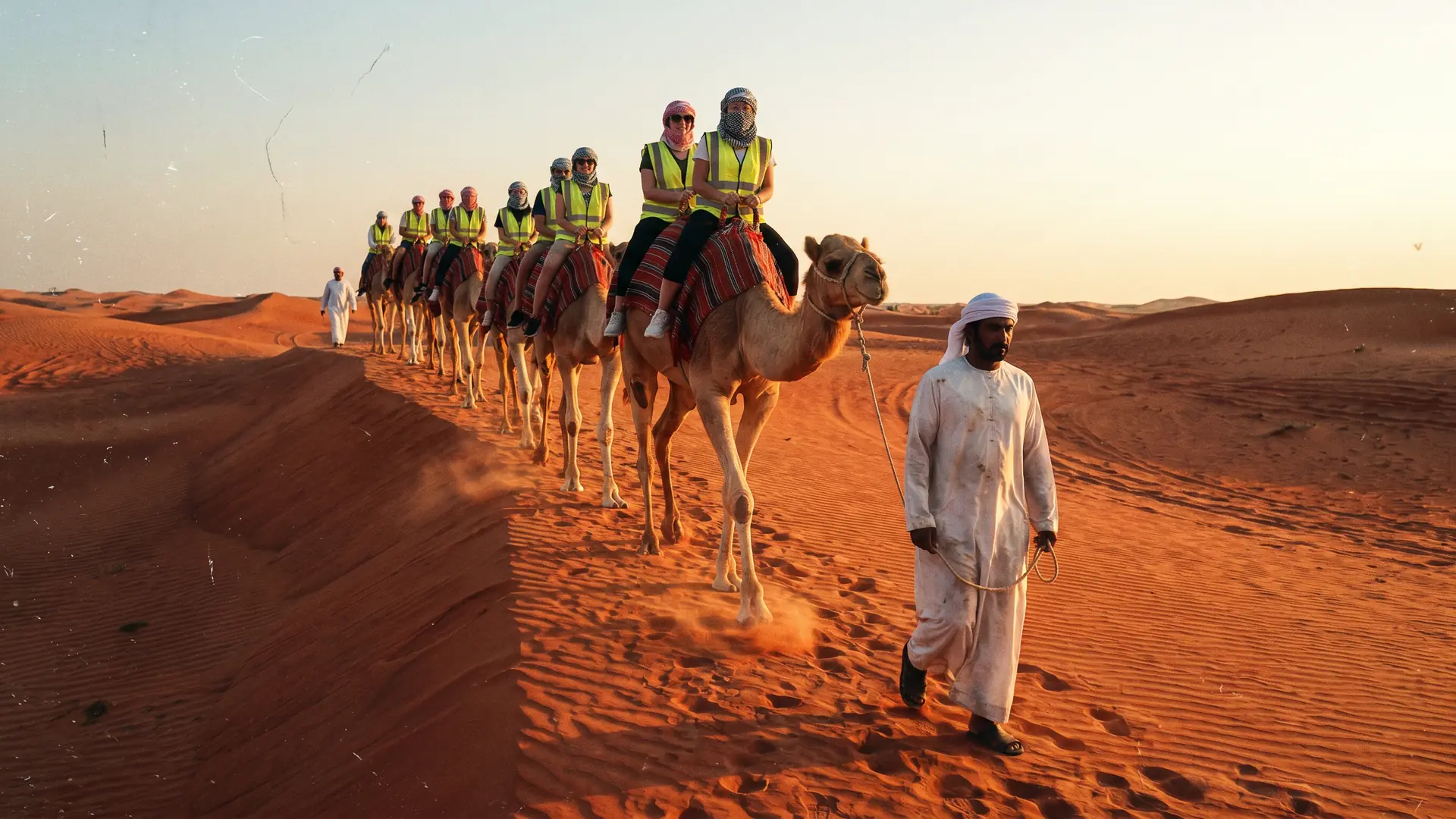 Camel ride across the Lahbab desert dunes near Dubai