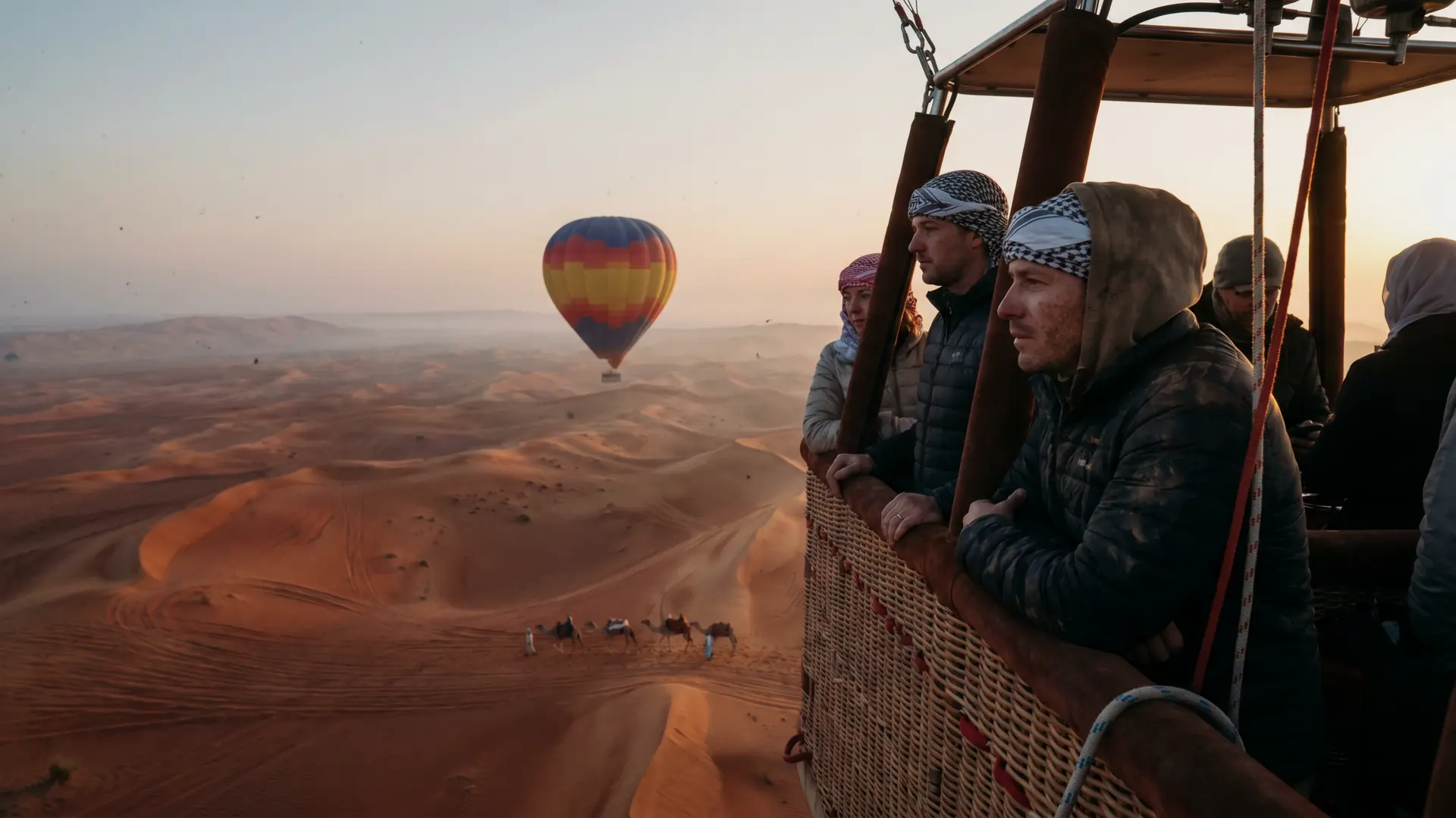 Hot air balloon over the Dubai desert at sunrise